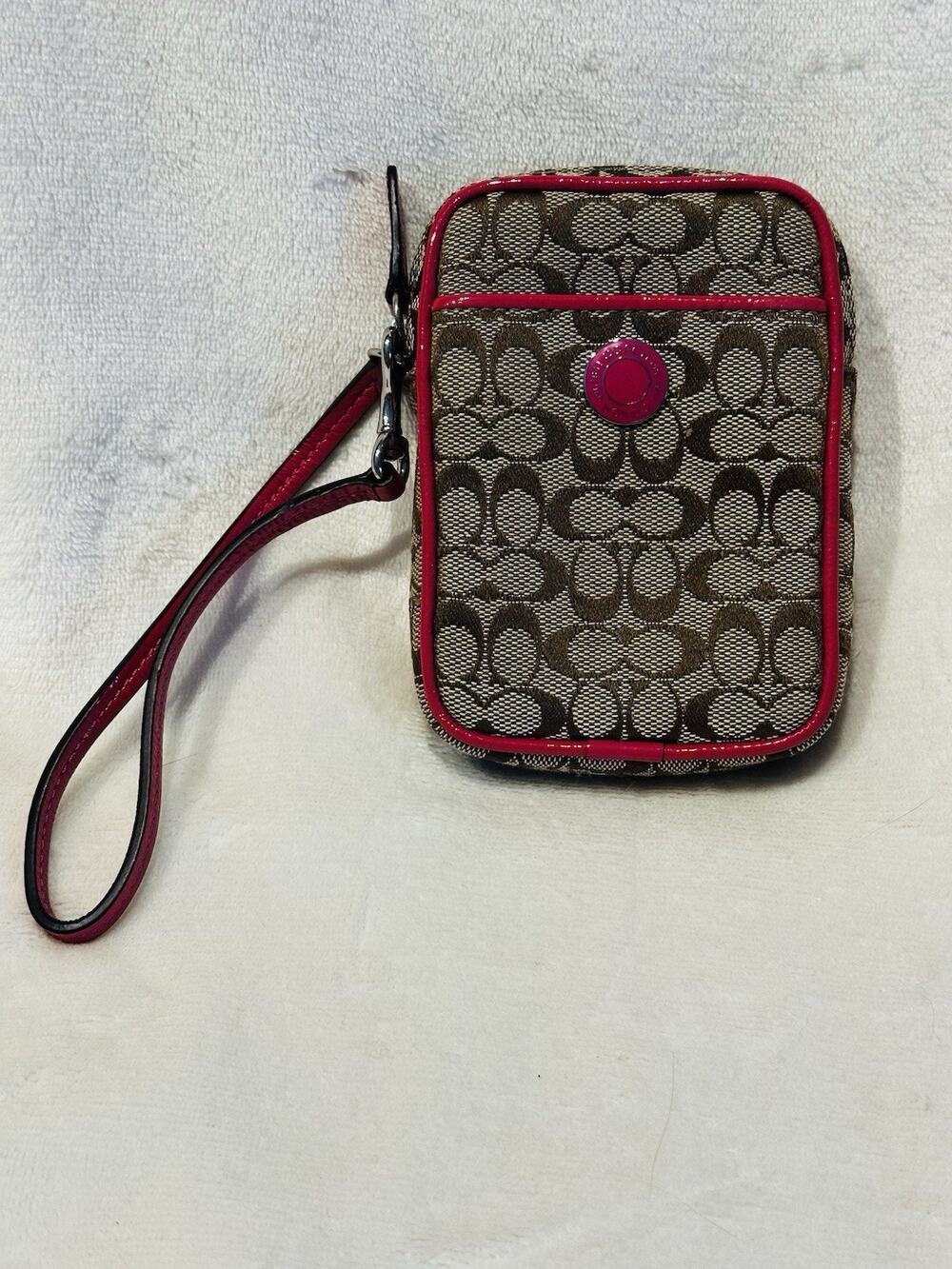 Coach Pink Logo Canvas Pouch Bag with Detachable Strap Clutch Authentic Neutral